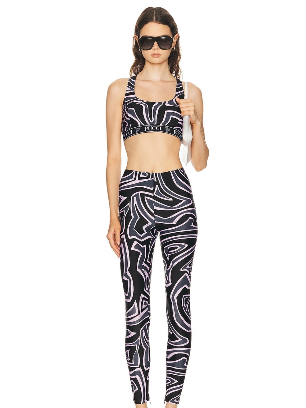 Emilio Pucci Black & Light Pink Abstract Print Leggings and cropped top.